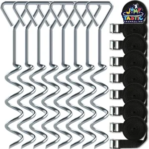 Jump Tastic Trampoline Anchors, 8 Pcs Trampoline Stakes and Straps, Anti-Rust, High Wind Heavy Duty, Spiral Shaped Trampoline Stakes