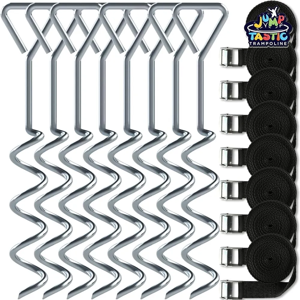 Jump Tastic Trampoline Anchors, 8 Pcs Trampoline Stakes and Straps, Anti-Rust, High Wind Heavy Duty, Spiral Shaped Trampoline Stakes