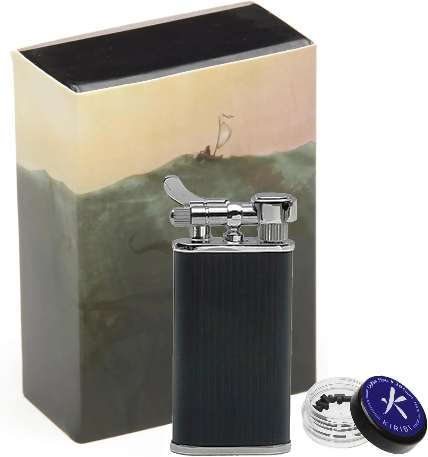 Kabuto Mizo Black Matte & Flint Set - Japanese Soft Flame Lighter   20 Replacement Flints, Refillable Butane Pipe Lighter, Adjustable Angled Flame Lighter, Airline Friendly Travel Lighter