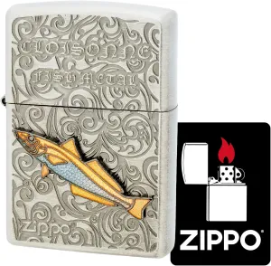 KAJIKAWA Zippo Lighter, Windproof, Brass, Cloisonne Metal, Etched, Antiqued Finish, Special Sticker, Silver an-Shirogis