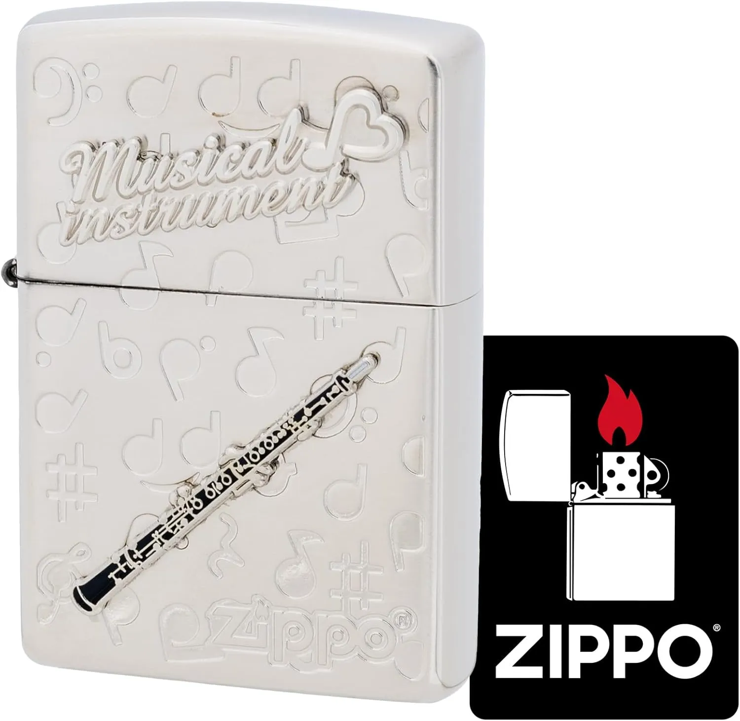 KAJIKAWA Zippo WNS - Oboe Zippo Lighter, Windproof, Brass, Double-Sided Etching, Satena Finish, Includes Special Stickers, Silver