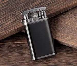 KATZONE® Double Action Retro Rocker Strike Flint Ignition Petrol Oil Lighter (Black)