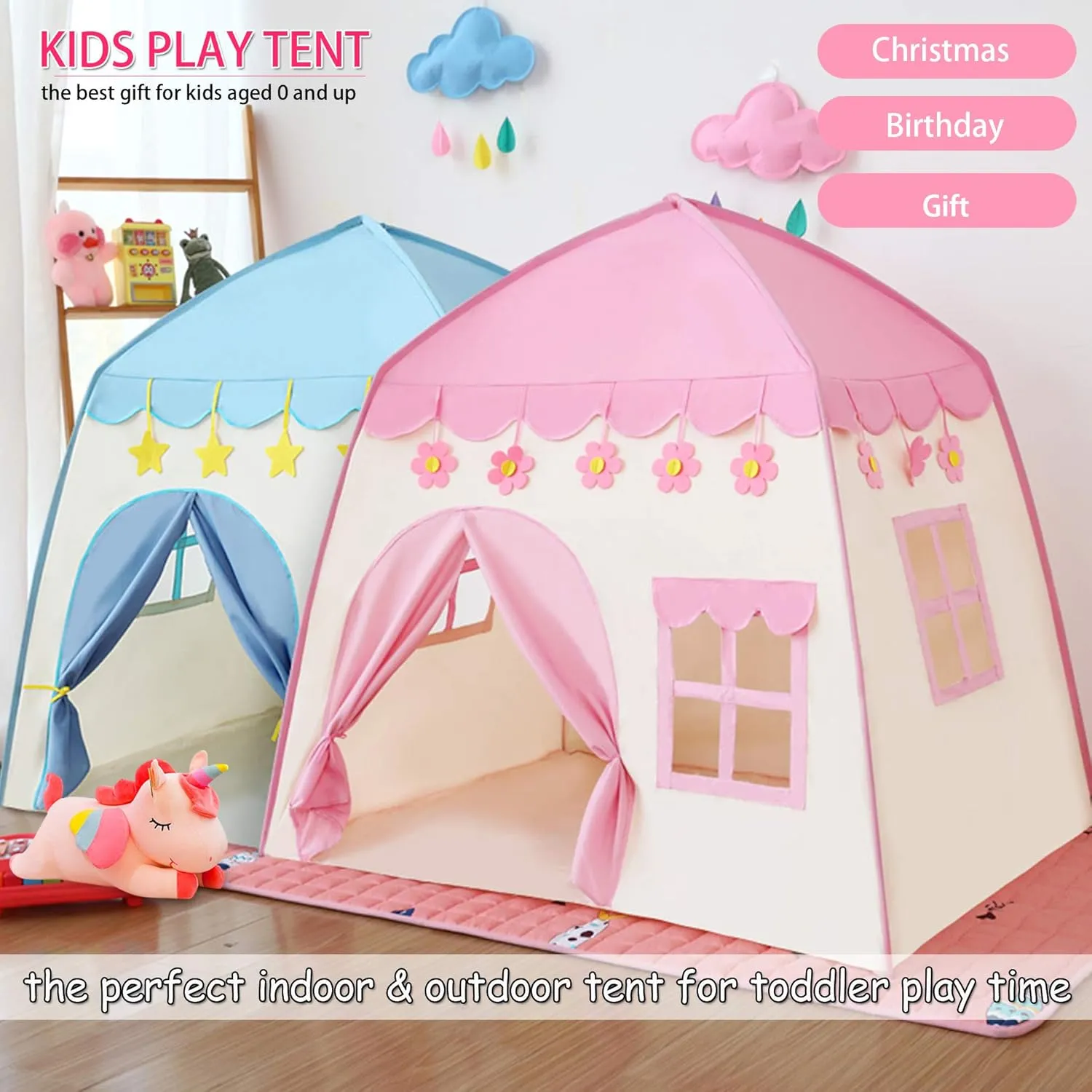 Kids Play Tent Princess Prince Castle Play Tent Large Children Playhouse with Fairy Lights Oxford Fabric EN71 ASTM Certified Indoor Outdoor Toddler Toys Christmas & Birthday Gift for Kids (Pink)