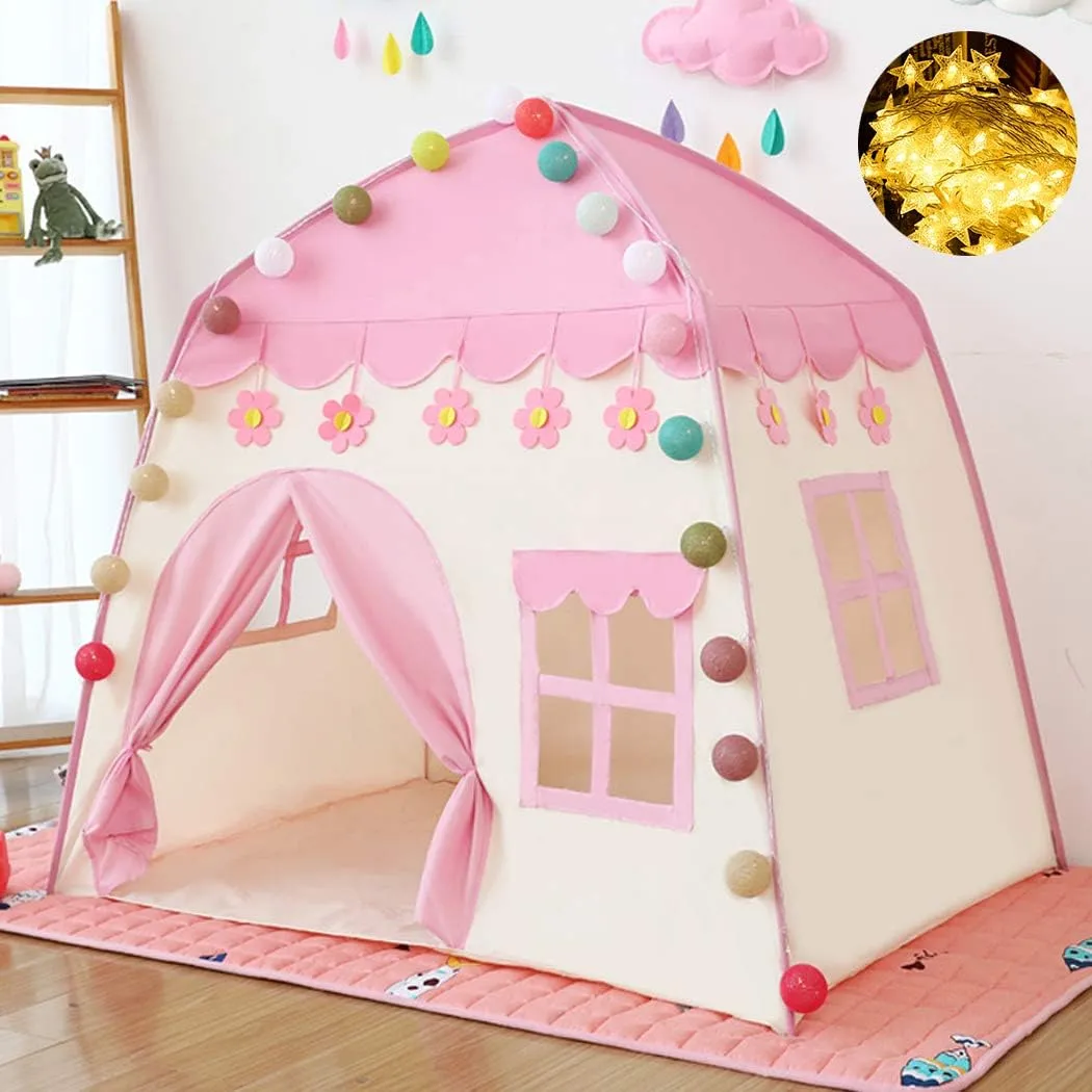 Kids Play Tent Princess Prince Castle Play Tent Large Children Playhouse with Fairy Lights Oxford Fabric EN71 ASTM Certified Indoor Outdoor Toddler Toys Christmas & Birthday Gift for Kids (Pink)