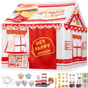 Kids Play Tent, Toddler Tent for Kid Indoor & Outdoor, 48.5"x39.4"x48.5" Playhouse Tent Burger Theme with Complete Toys Set, 3 Window, Lights and Balloons