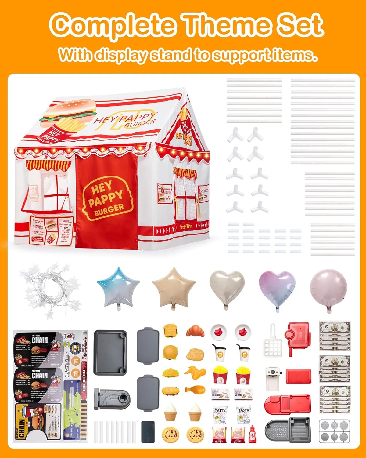 Kids Play Tent, Toddler Tent for Kid Indoor & Outdoor, 48.5"x39.4"x48.5" Playhouse Tent Burger Theme with Complete Toys Set, 3 Window, Lights and Balloons