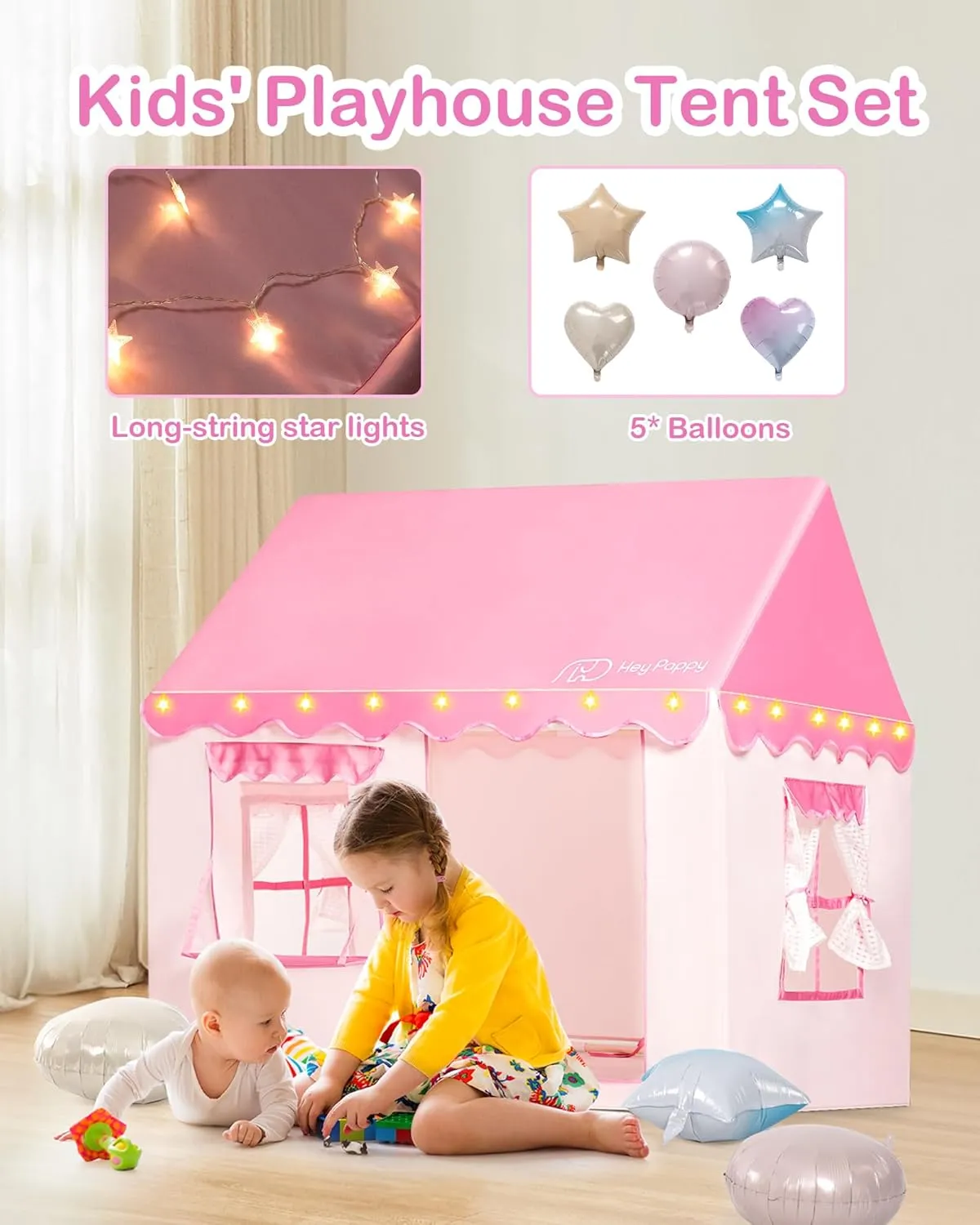 Kids Play Tent, Toddler Tent Playhouse for Kid Indoor & Outdoor, 48.5"x39.4"x48.5" Play Tents for Kid Toy House Gift with Window, Lights and Balloons, Pink