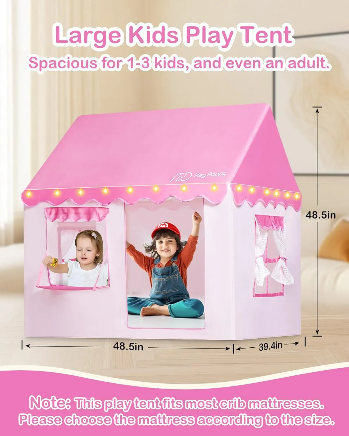 Kids Play Tent, Toddler Tent Playhouse for Kid Indoor & Outdoor, 48.5"x39.4"x48.5" Play Tents for Kid Toy House Gift with Window, Lights and Balloons, Pink