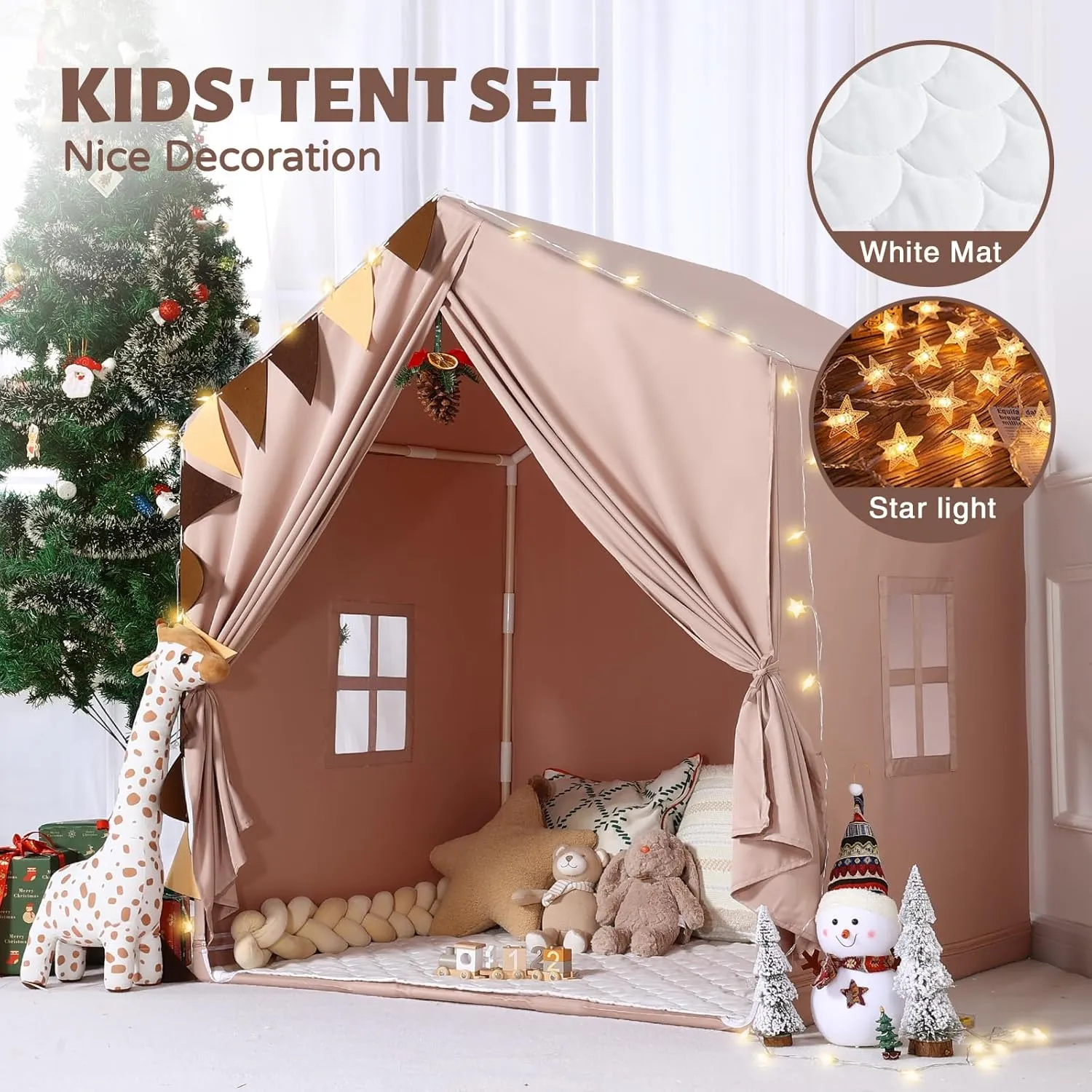 Kids Tent Indoor for Toddlers: with Mat, Star Lights - Kids Playhouse Indoor for Toddler - Tent for Kids Teepee Tent for Inside Girls Boys Play House Birthday Gift Playroom Toys
