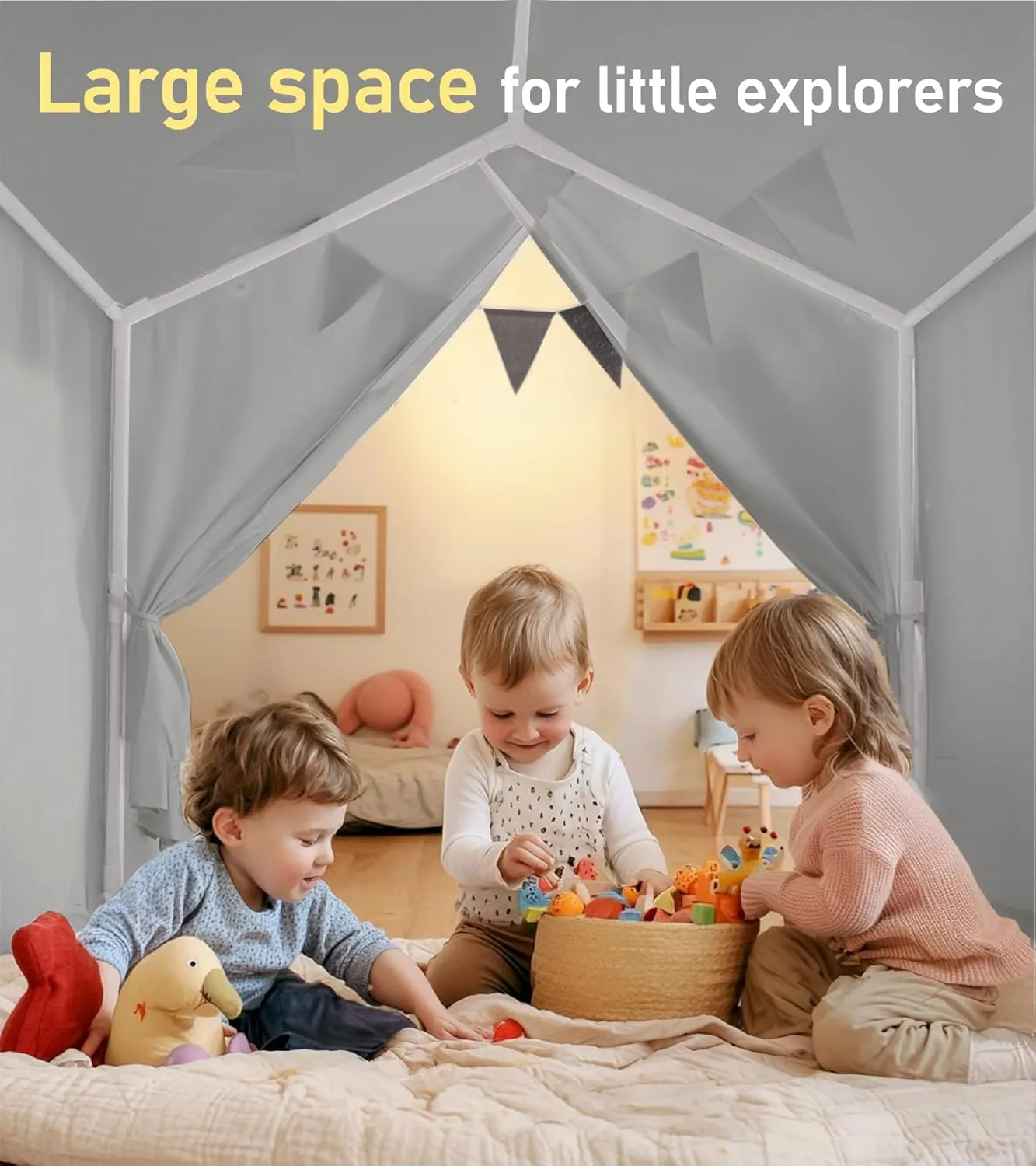 Kids Tent, Play Tent with Padded Mat and Lights, Large Play Tents with 2 Windows, Kids Playhouse Indoor & Outdoor, Reading Nook, Christmas Toddler Tents for Girls & Boys, 52" x35" x 51", Gray