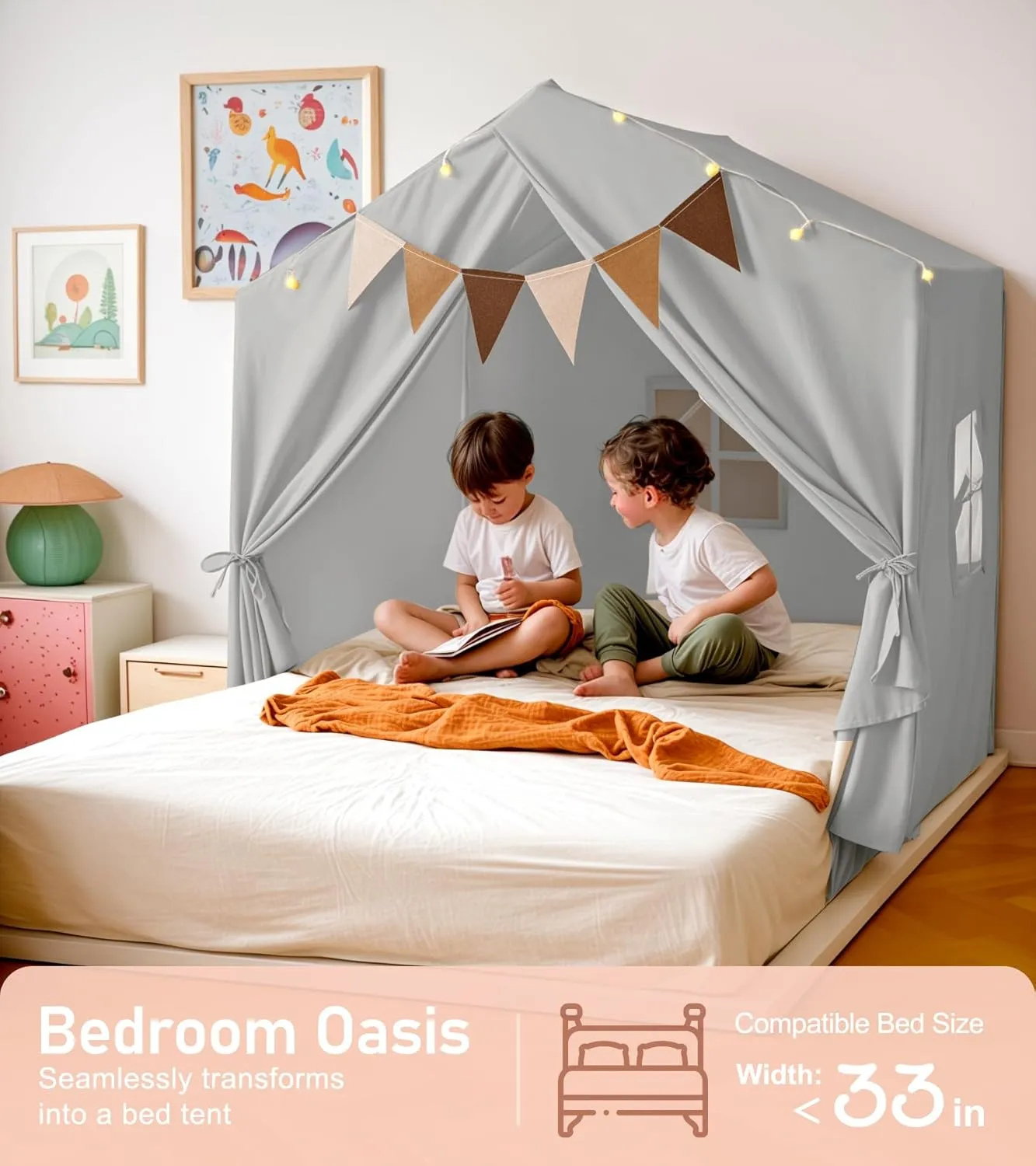 Kids Tent, Play Tent with Padded Mat and Lights, Large Play Tents with 2 Windows, Kids Playhouse Indoor & Outdoor, Reading Nook, Christmas Toddler Tents for Girls & Boys, 52" x35" x 51", Gray
