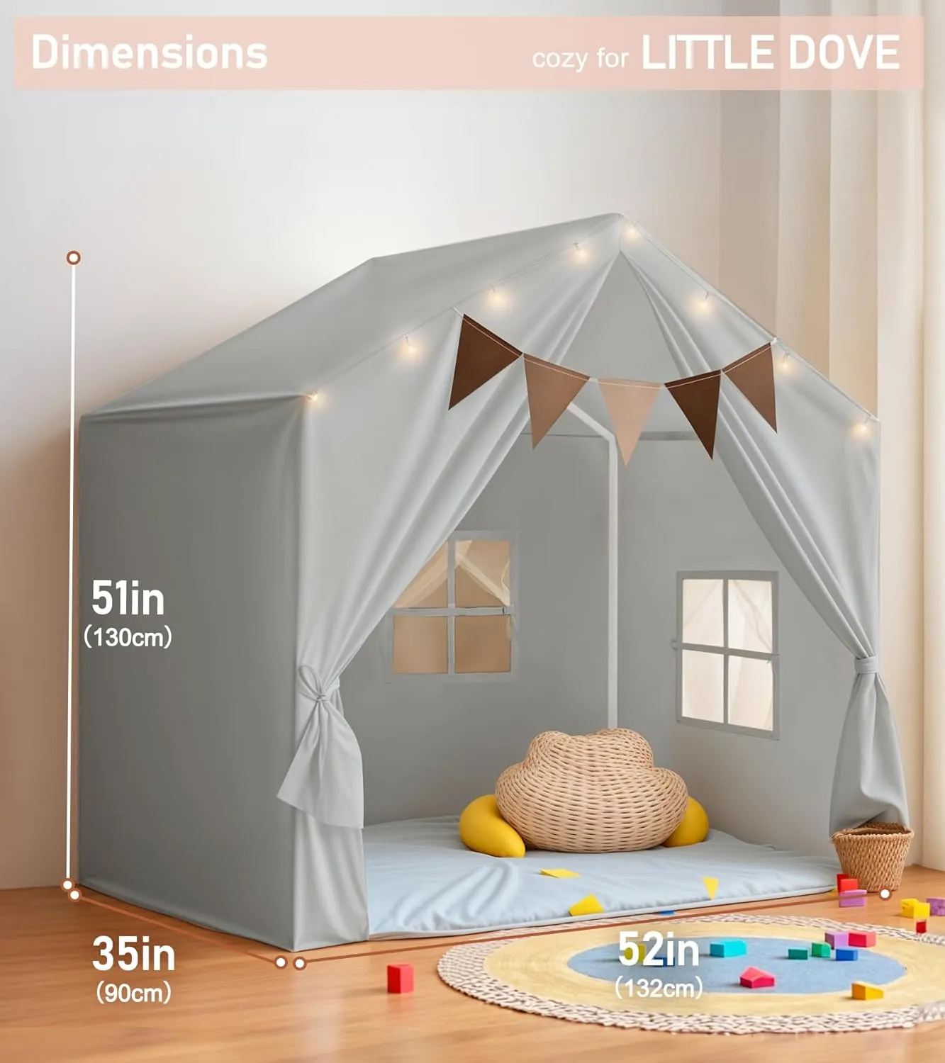 Kids Tent, Play Tent with Padded Mat and Lights, Large Play Tents with 2 Windows, Kids Playhouse Indoor & Outdoor, Reading Nook, Christmas Toddler Tents for Girls & Boys, 52" x35" x 51", Gray