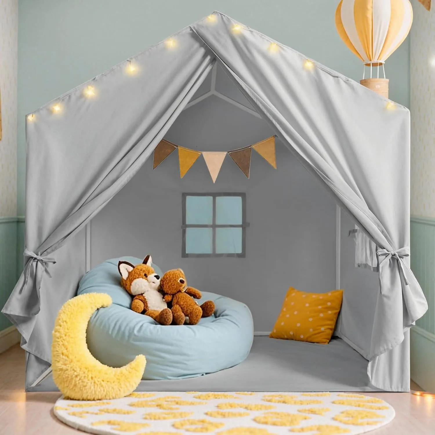 Kids Tent, Play Tent with Padded Mat and Lights, Large Play Tents with 2 Windows, Kids Playhouse Indoor & Outdoor, Reading Nook, Christmas Toddler Tents for Girls & Boys, 52" x35" x 51", Gray