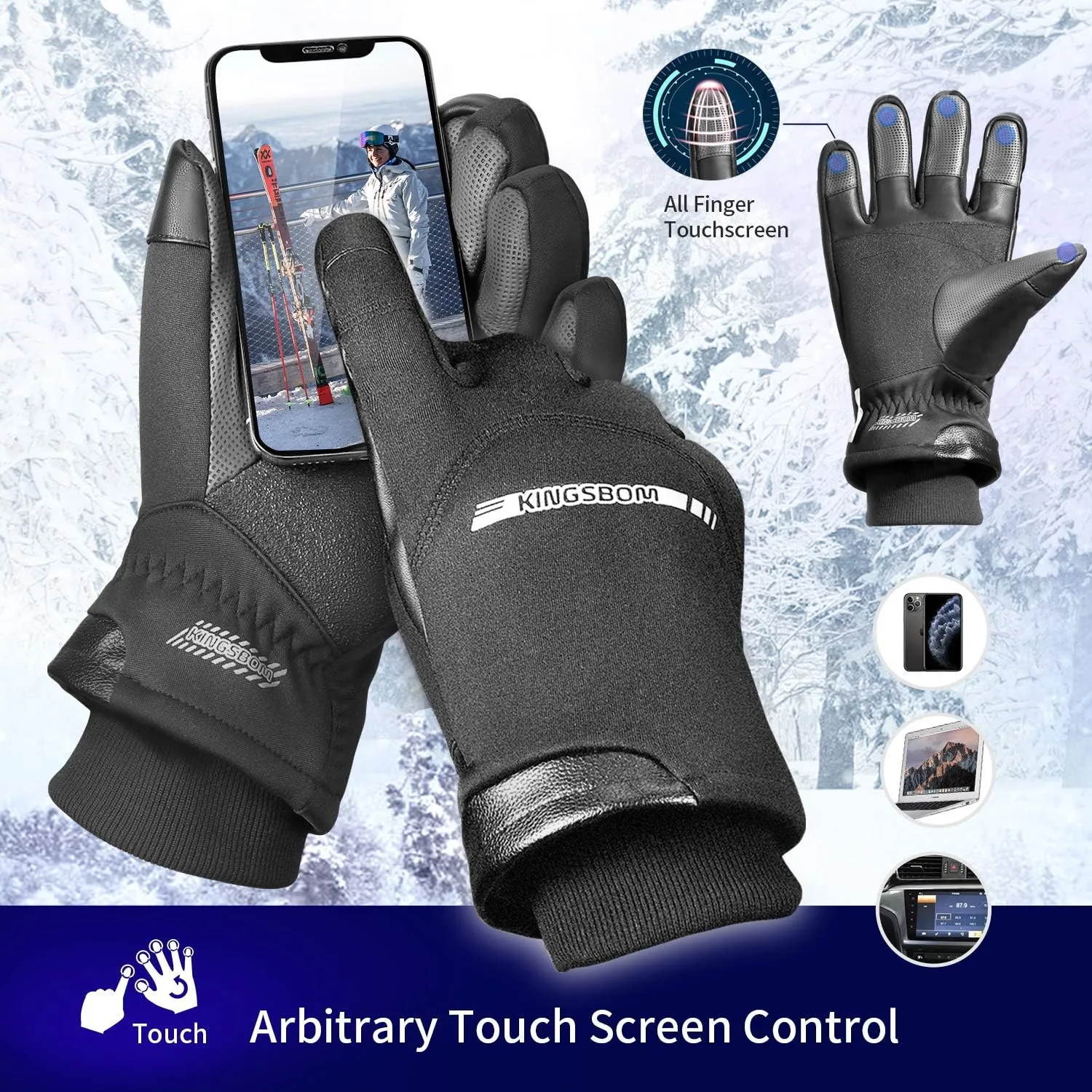 KINGSBOM -40℉ Winter Waterproof Thermal Gloves - 3M Thinsulate Windproof Touch Screen Warm Gloves - for Driving,Cycling,Riding,Running,Outdoor Sports - for Women and Men - Black