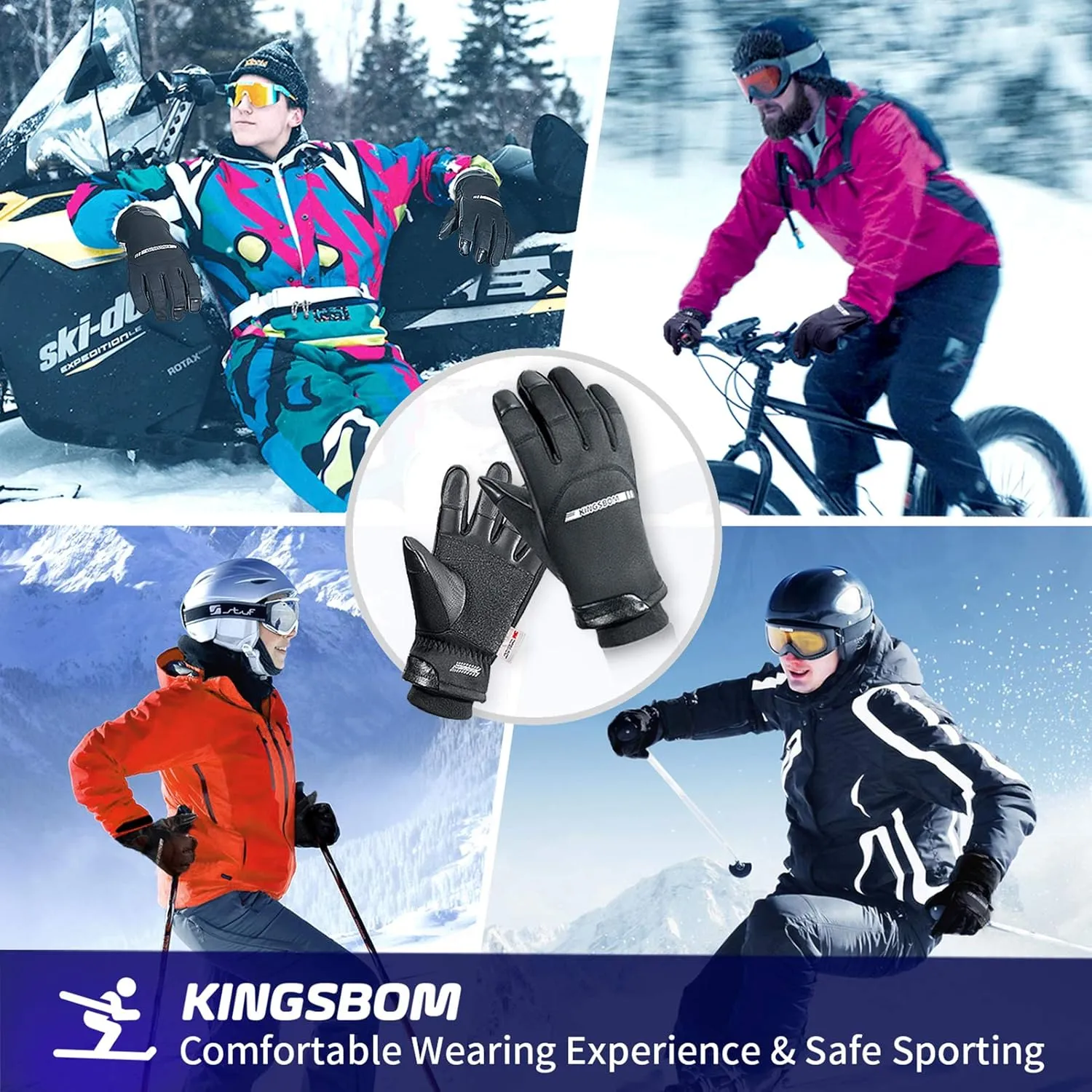 KINGSBOM -40℉ Winter Waterproof Thermal Gloves - 3M Thinsulate Windproof Touch Screen Warm Gloves - for Driving,Cycling,Riding,Running,Outdoor Sports - for Women and Men - Black
