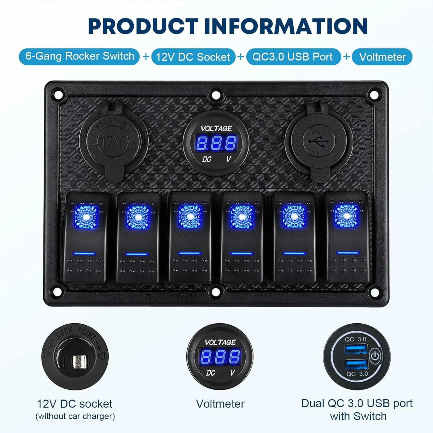 Kohree 6 Gang Marine Boat Rocker Switch Panel Waterproof   USB Switch, 12 Volt RV Led Switch Panel for Marine Boat Car Truck, Digital Voltmeter Display QC3.0 Dual USB Charger Port DC 12V Socket 12/24V