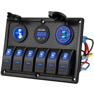 Kohree 6 Gang Marine Boat Rocker Switch Panel Waterproof   USB Switch, 12 Volt RV Led Switch Panel for Marine Boat Car Truck, Digital Voltmeter Display QC3.0 Dual USB Charger Port DC 12V Socket 12/24V