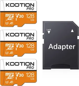 KOOTION 128GB Micro SD Card 3 Pack, UHS-I MicroSDXC Card for 4K Video Recording, U3, A1, V30, C10 TF Flash Memory Card with Adapter