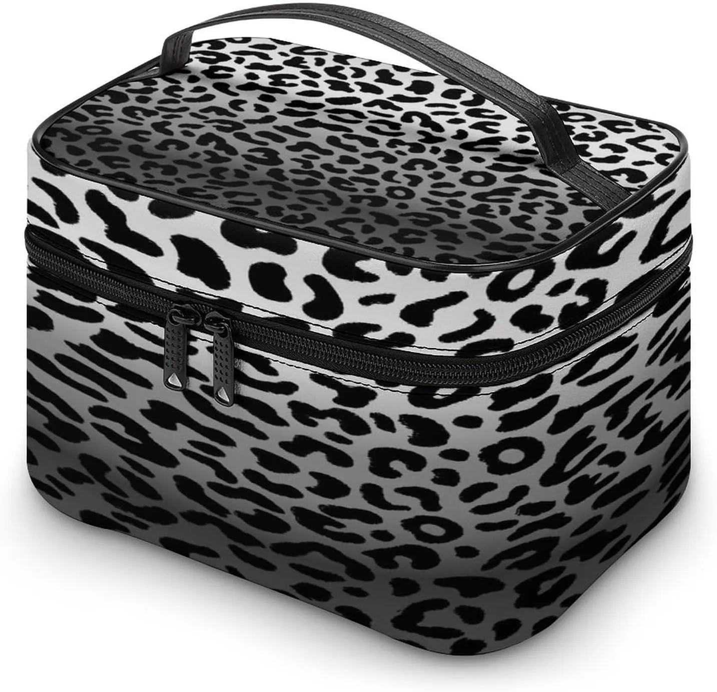 Large Women Wash Bag, Cosmetic Organizer Train Toiletry Storage Case Holder Zipper Makeup Bag Pouch 9.8x7.5x5.9 in Print Seamless Black White Gradient Leopard Print 80s 90s Style
