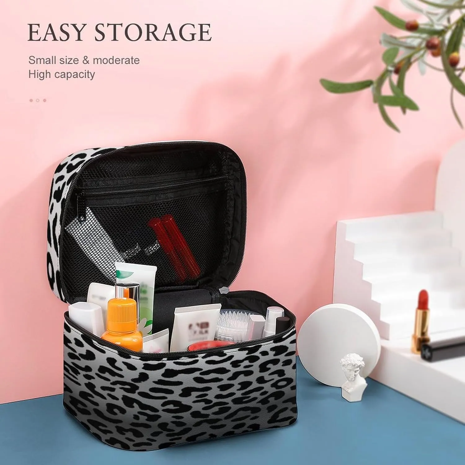Large Women Wash Bag, Cosmetic Organizer Train Toiletry Storage Case Holder Zipper Makeup Bag Pouch 9.8x7.5x5.9 in Print Seamless Black White Gradient Leopard Print 80s 90s Style