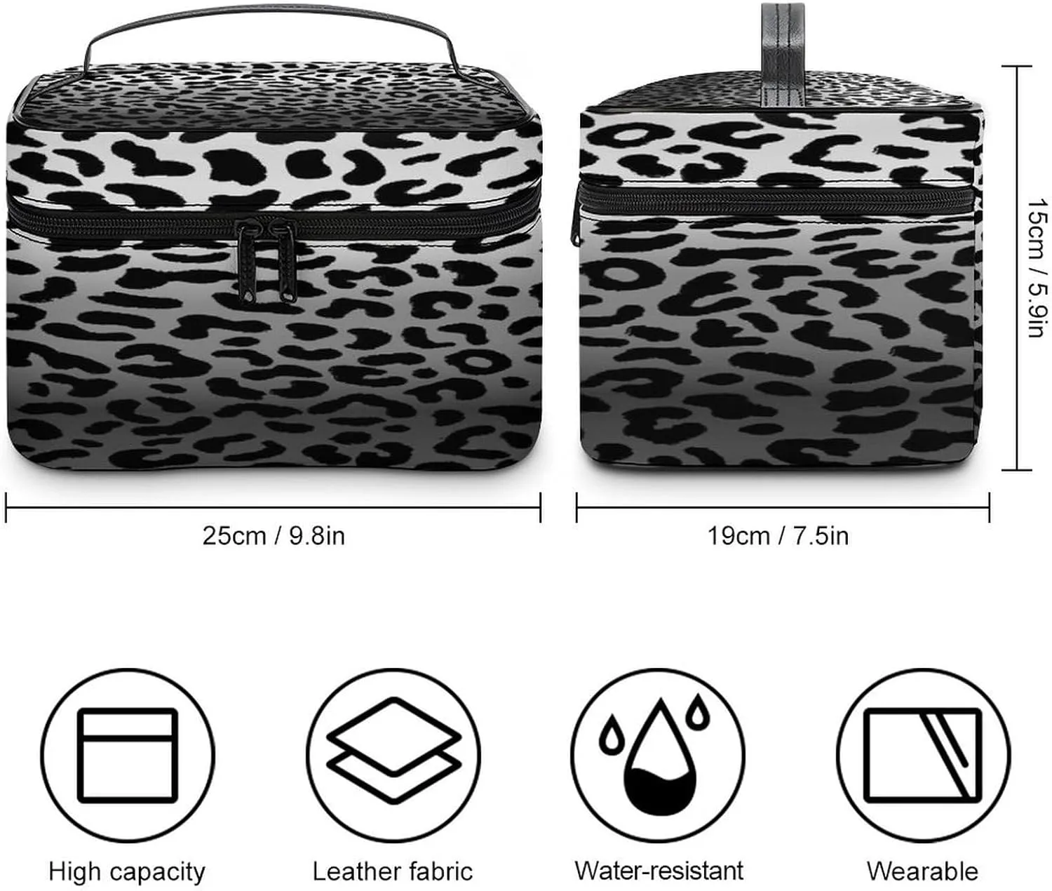 Large Women Wash Bag, Cosmetic Organizer Train Toiletry Storage Case Holder Zipper Makeup Bag Pouch 9.8x7.5x5.9 in Print Seamless Black White Gradient Leopard Print 80s 90s Style