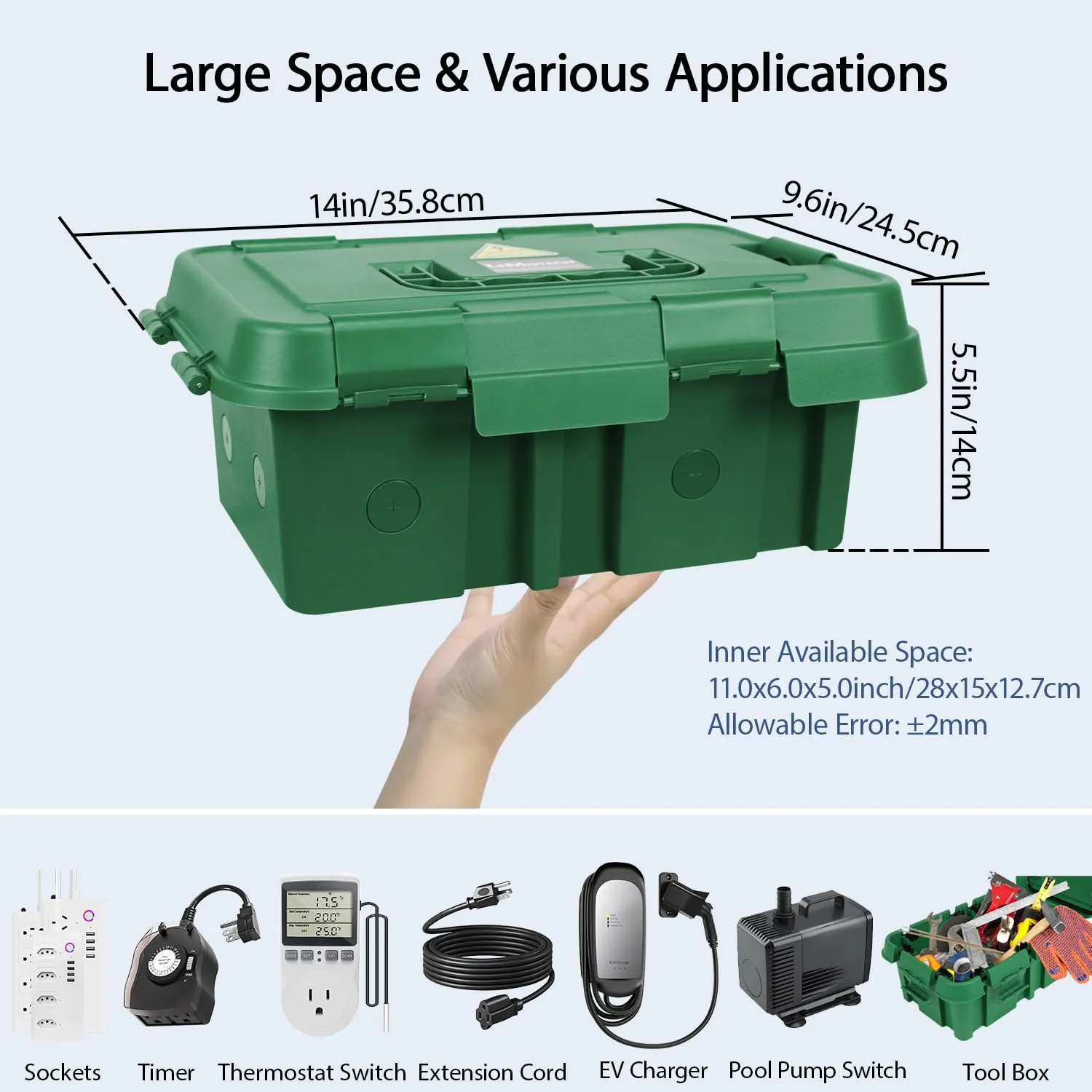 LeMotech Large Outdoor Electrical Box (External 14x9.6x5.5in) IP55 Waterproof Connection Box with Handle, Extension Cord Cover w/8 Cable Seal Entry, for Outlet, Pool Pump,Socket,Power Strips,Green