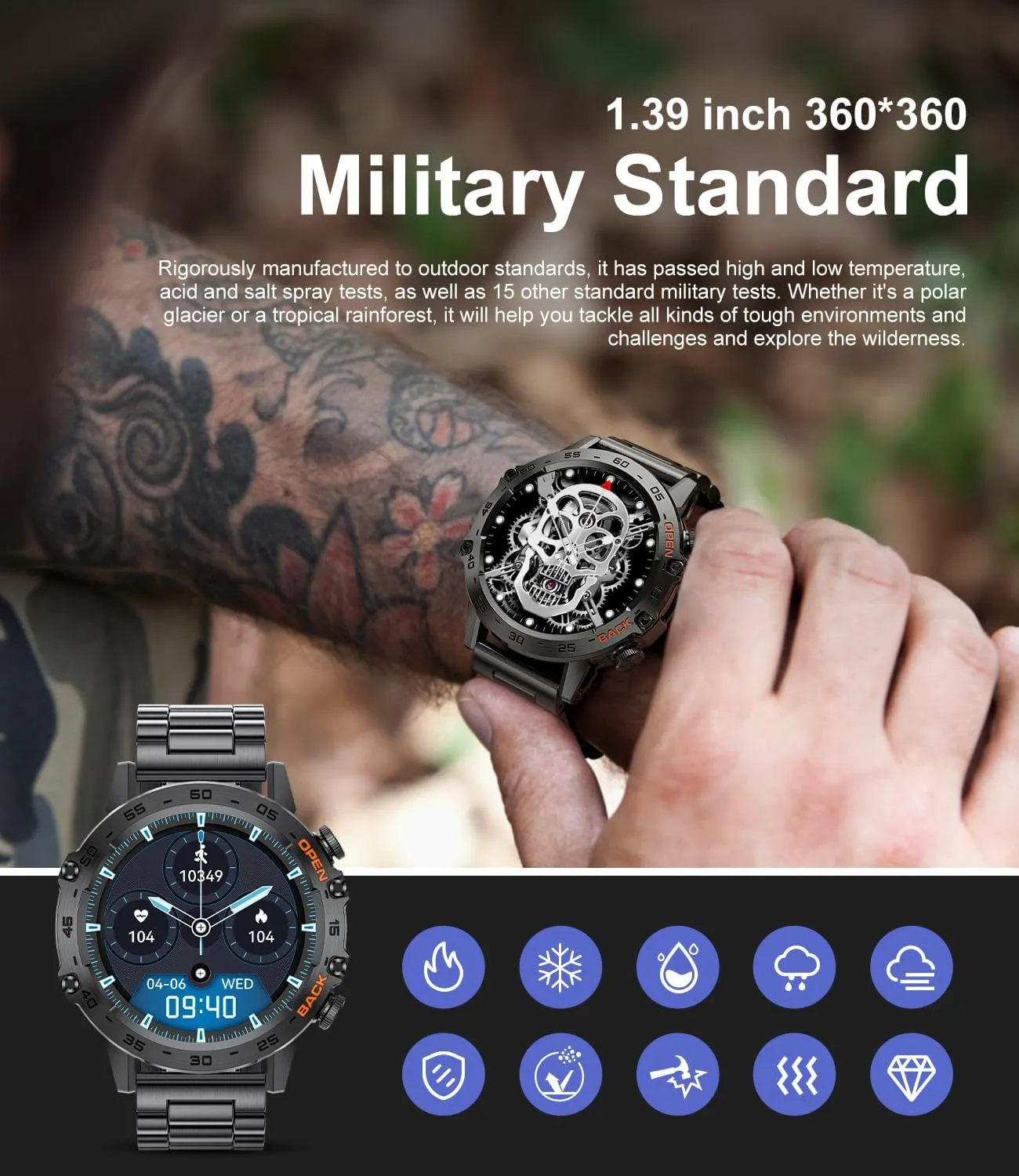 LIGE Smart Watches for Men, 1.39" Military Smartwatch with SpO2, Sleep Monitor, Step Counter, 24/7 Heart Rate, Tactical Fitness Watch with 100  Sports Modes, Make/Answer Call, Metal Band, Black