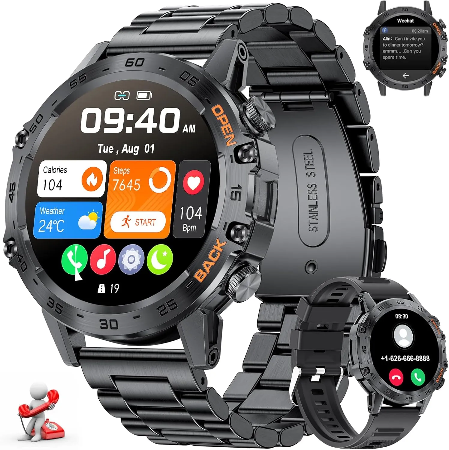 LIGE Smart Watches for Men, 1.39" Military Smartwatch with SpO2, Sleep Monitor, Step Counter, 24/7 Heart Rate, Tactical Fitness Watch with 100  Sports Modes, Make/Answer Call, Metal Band, Black