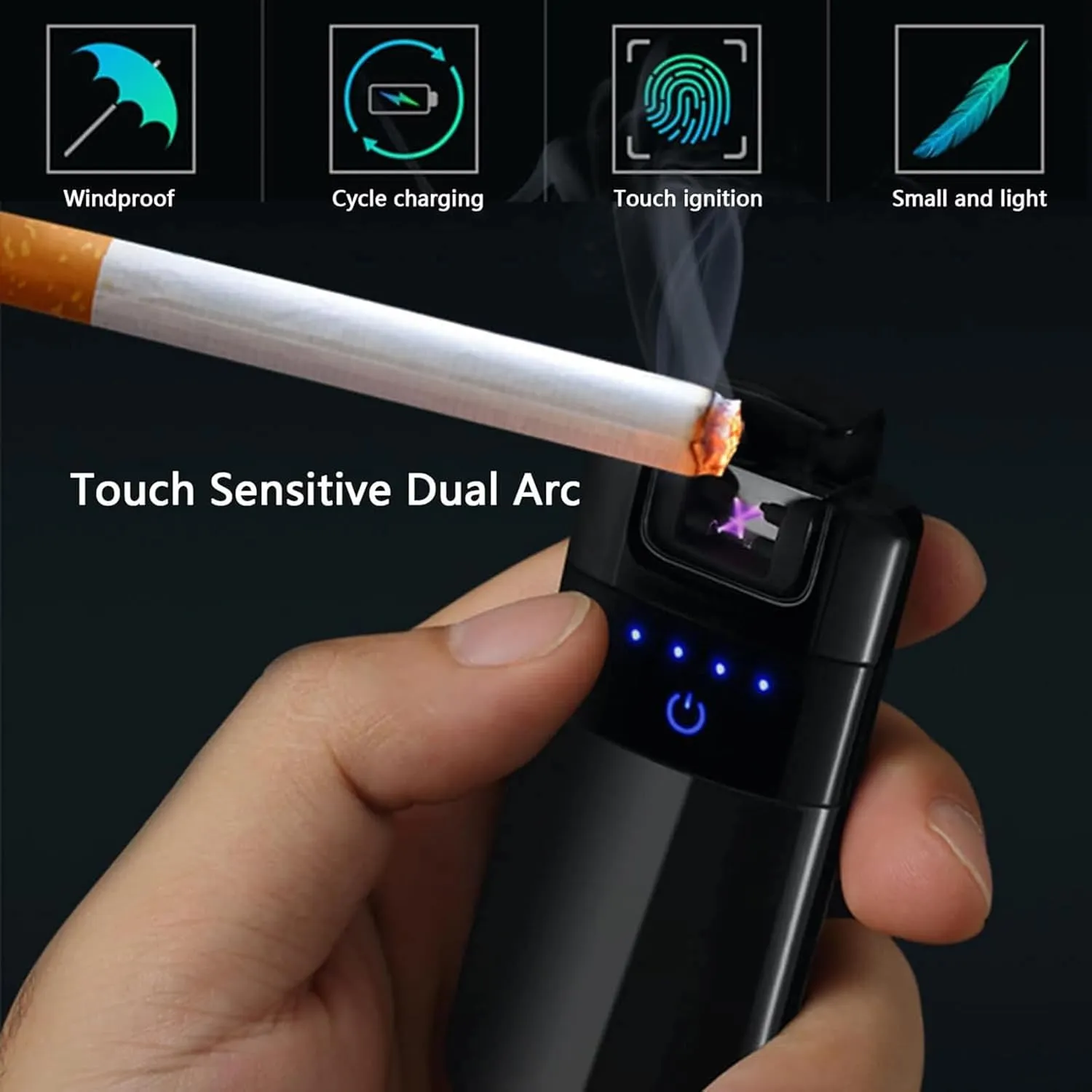 Lighter Rechargeable USB Plasma Arc Electric Upgrade Wireless Charging Windproof Lighters for Women Men Smoke Gift Festival (Color : Black)
