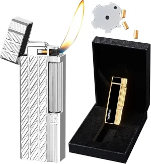 Lighters  Gift Box Adjustable Flame Accessories   Flint，Soft Flame Lighter，Traditional Cigar Butane Lighter Metal Side Slip Wheel Vertical Ignition Classic Lighter(Silver)