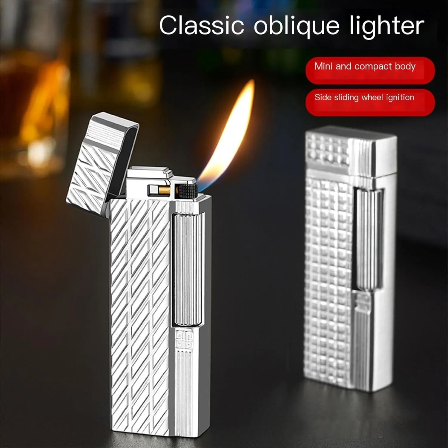 Lighters  Gift Box Adjustable Flame Accessories   Flint，Soft Flame Lighter，Traditional Cigar Butane Lighter Metal Side Slip Wheel Vertical Ignition Classic Lighter(Silver)