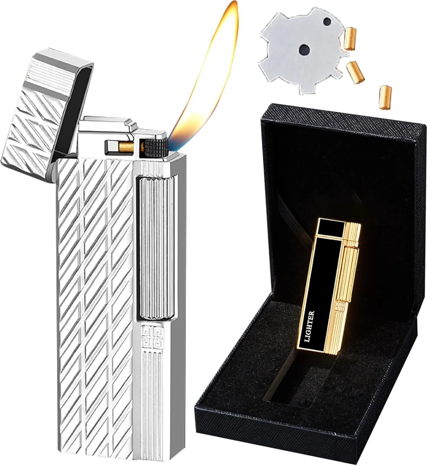Lighters  Gift Box Adjustable Flame Accessories   Flint，Soft Flame Lighter，Traditional Cigar Butane Lighter Metal Side Slip Wheel Vertical Ignition Classic Lighter(Silver)
