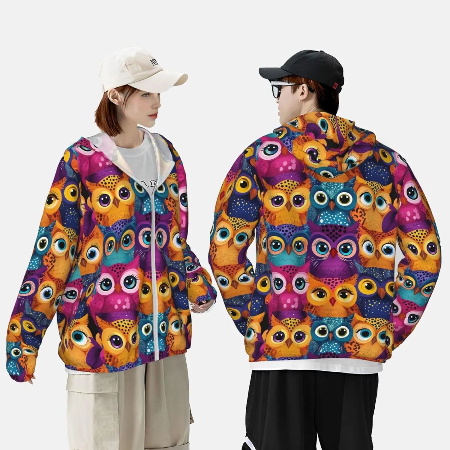 Lightweight UV Protection Sun Jacket, Cartoon Owl Faces Print Sportswear Hooded Sunblock Shirt for Outdoor