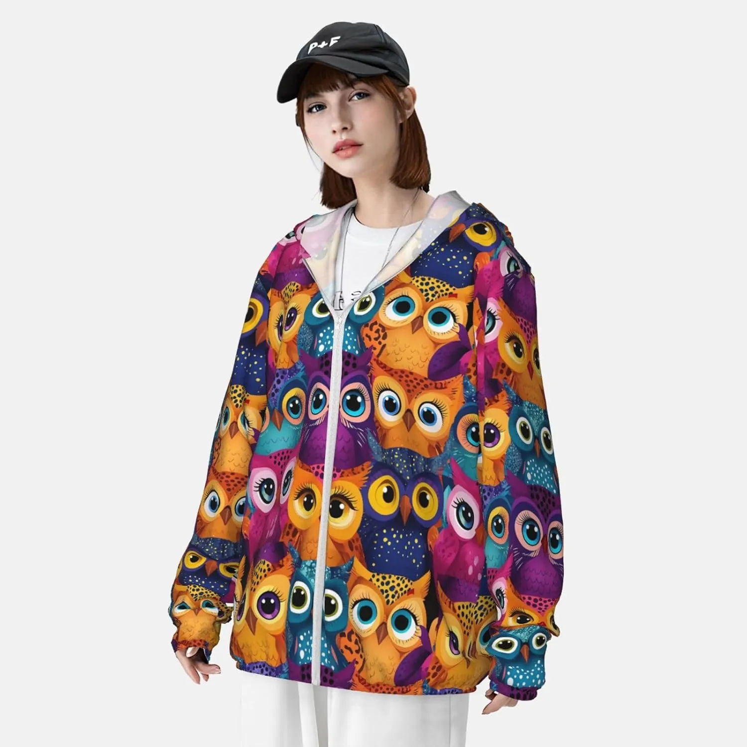Lightweight UV Protection Sun Jacket, Cartoon Owl Faces Print Sportswear Hooded Sunblock Shirt for Outdoor