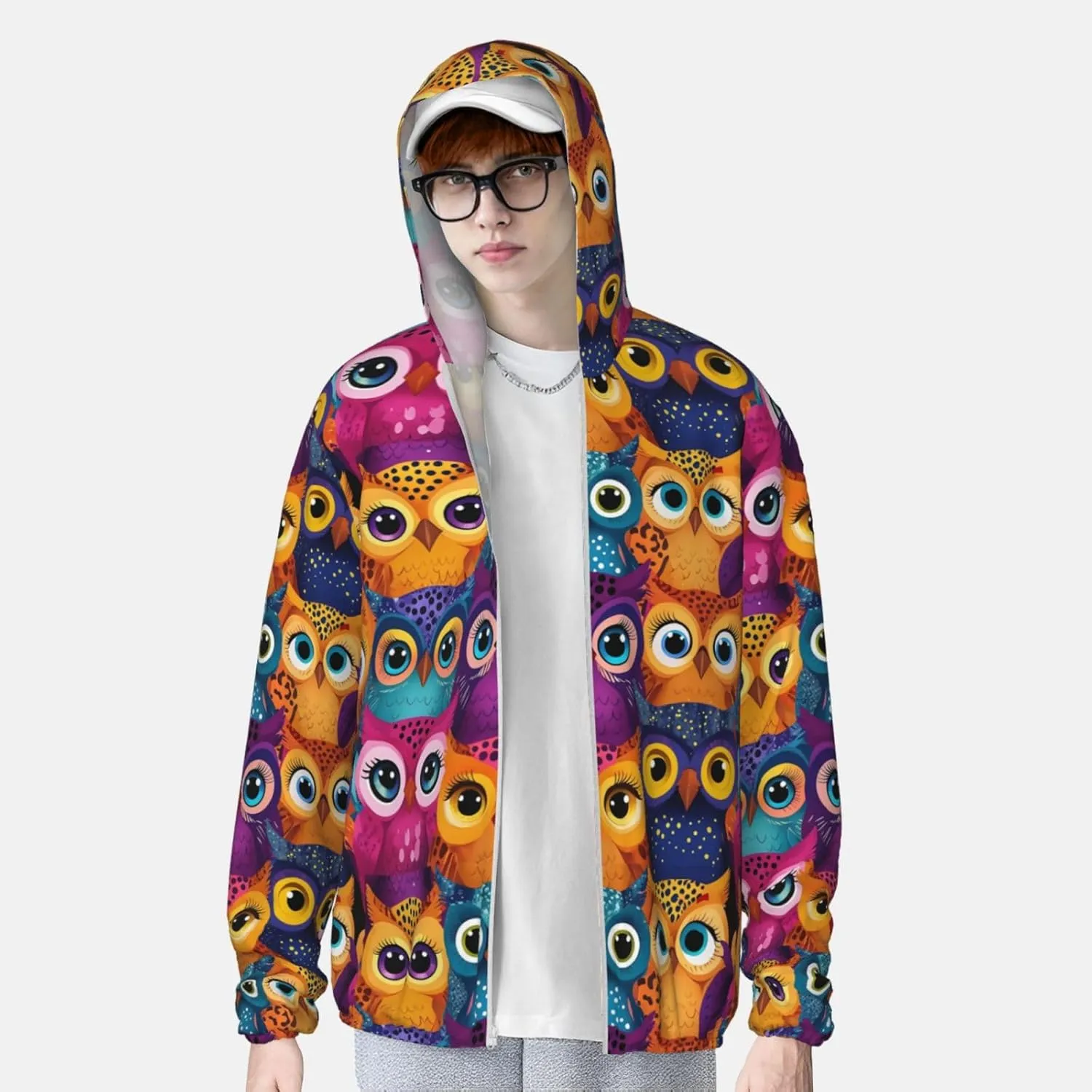Lightweight UV Protection Sun Jacket, Cartoon Owl Faces Print Sportswear Hooded Sunblock Shirt for Outdoor