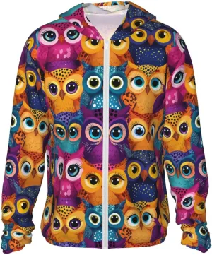 Lightweight UV Protection Sun Jacket, Cartoon Owl Faces Print Sportswear Hooded Sunblock Shirt for Outdoor