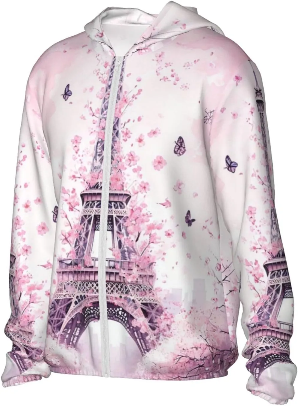 Lightweight UV Protection Sun Jacket, Cherry-surrounded tower Print Sportswear Hooded Sunblock Shirt for Outdoor