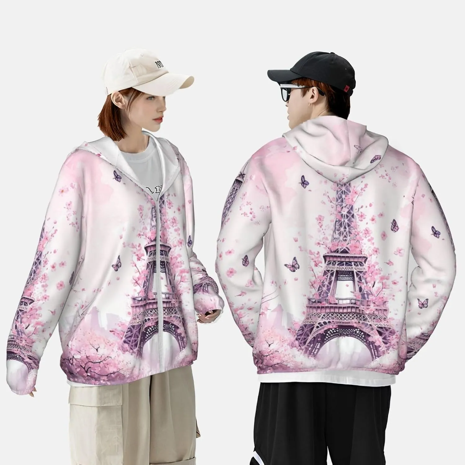 Lightweight UV Protection Sun Jacket, Cherry-surrounded tower Print Sportswear Hooded Sunblock Shirt for Outdoor