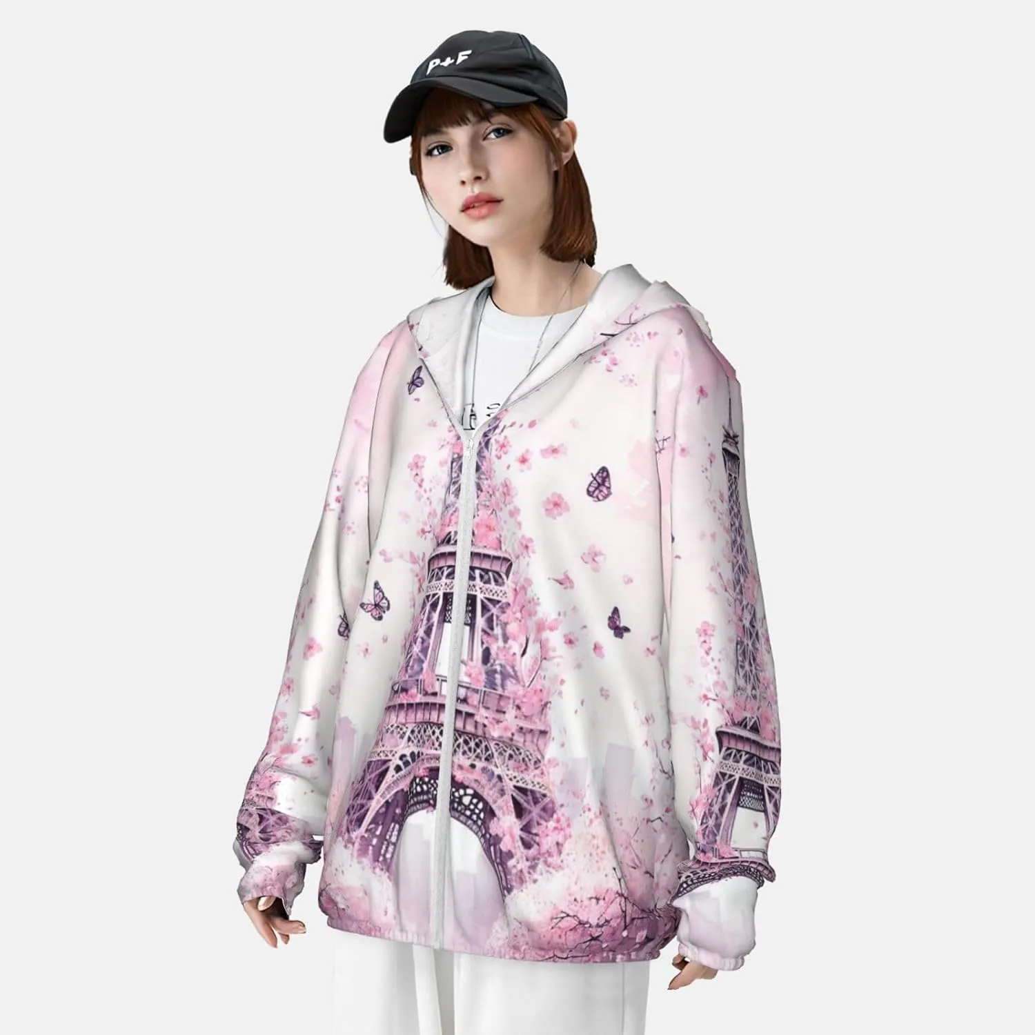 Lightweight UV Protection Sun Jacket, Cherry-surrounded tower Print Sportswear Hooded Sunblock Shirt for Outdoor