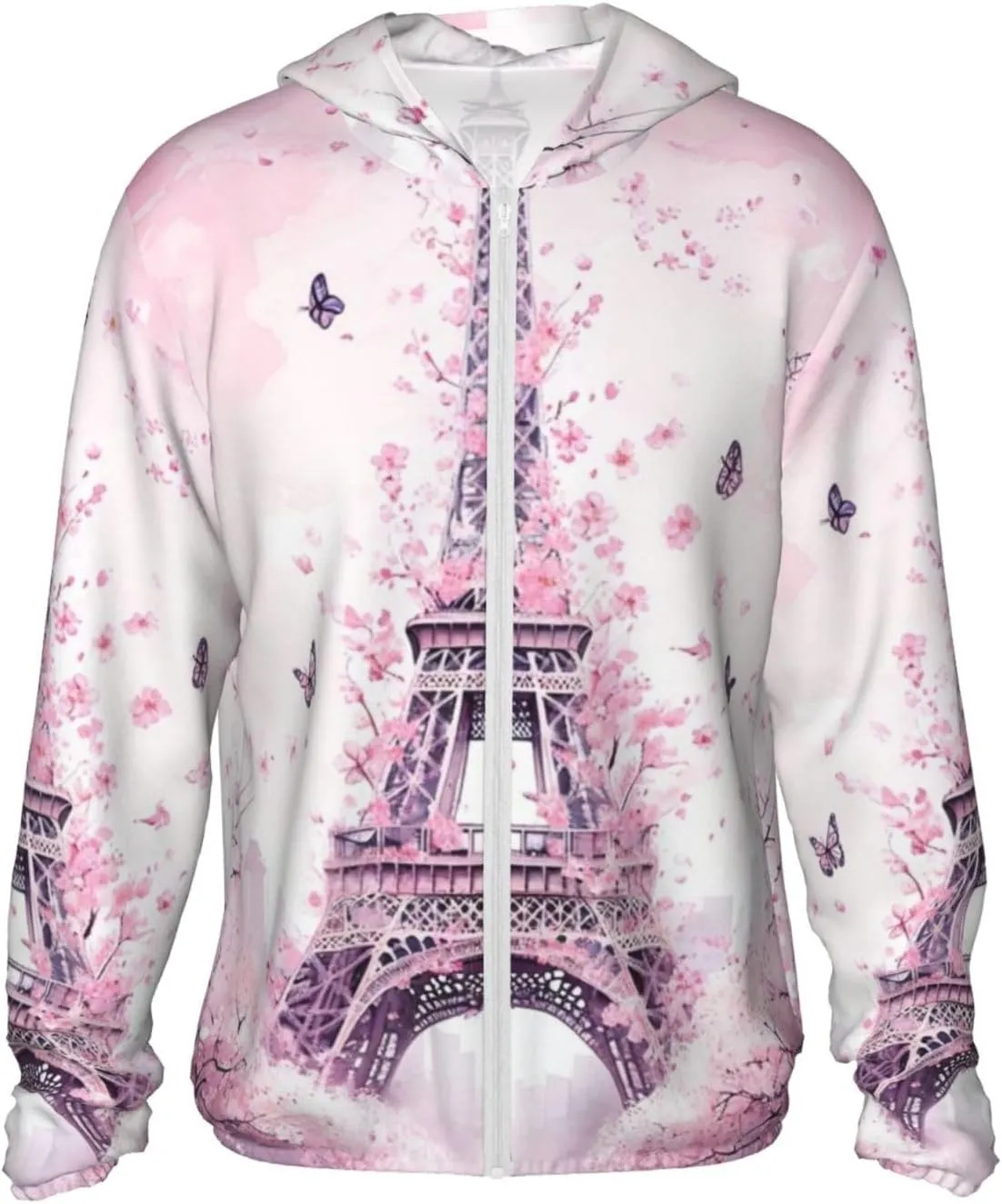Lightweight UV Protection Sun Jacket, Cherry-surrounded tower Print Sportswear Hooded Sunblock Shirt for Outdoor