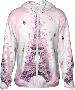 Lightweight UV Protection Sun Jacket, Cherry-surrounded tower Print Sportswear Hooded Sunblock Shirt for Outdoor