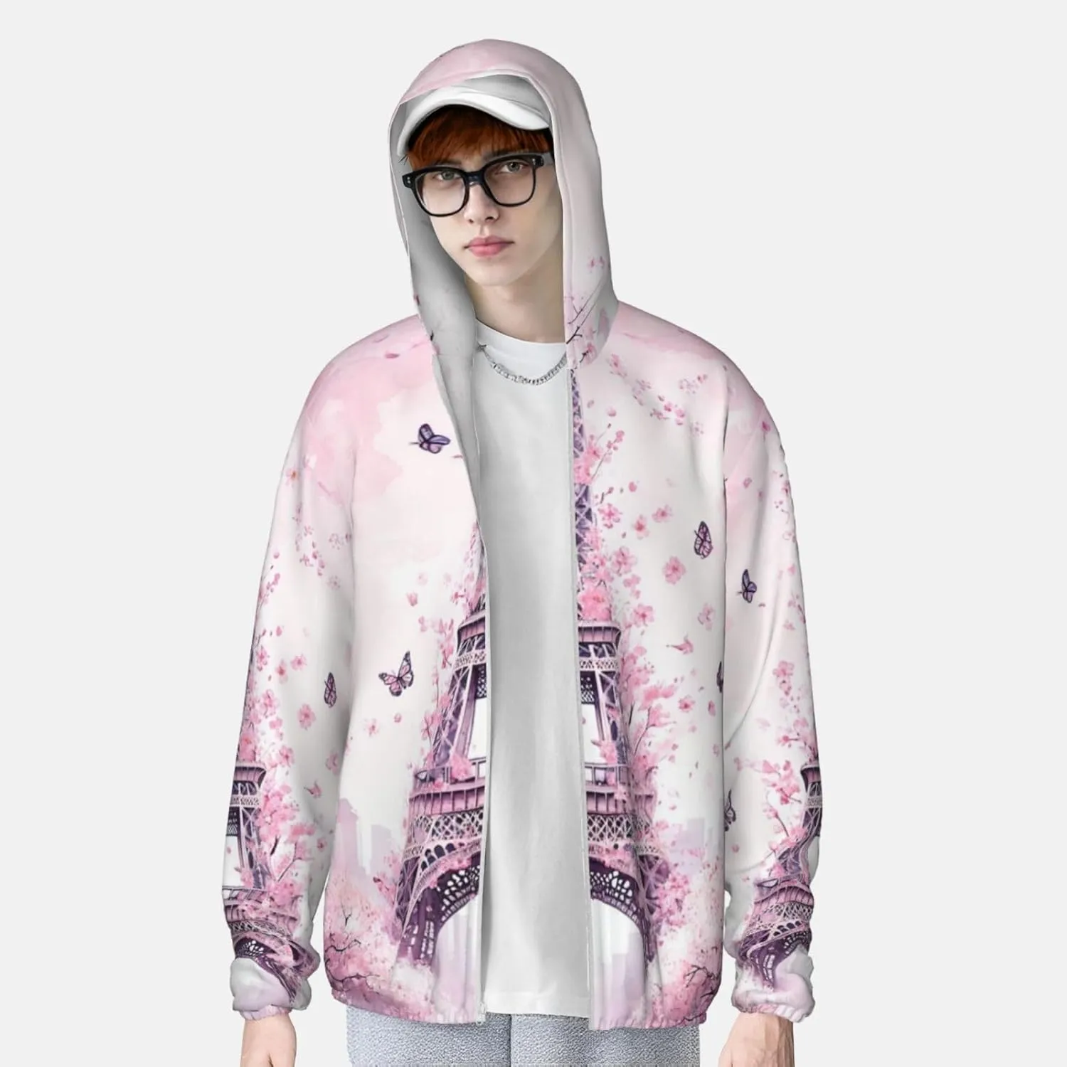 Lightweight UV Protection Sun Jacket, Cherry-surrounded tower Print Sportswear Hooded Sunblock Shirt for Outdoor