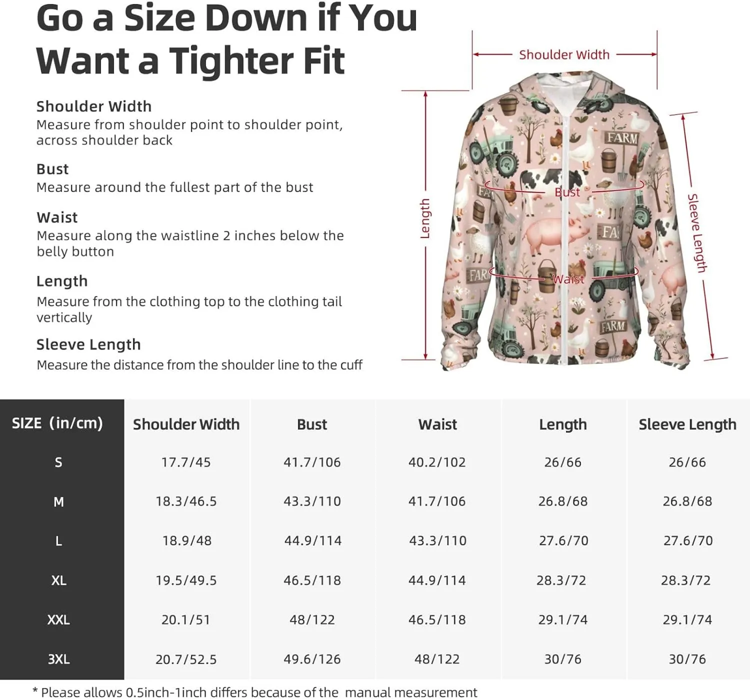 Lightweight UV Protection Sun Jacket, Farm Animals Print Sportswear Hooded Sunblock Shirt for Outdoor