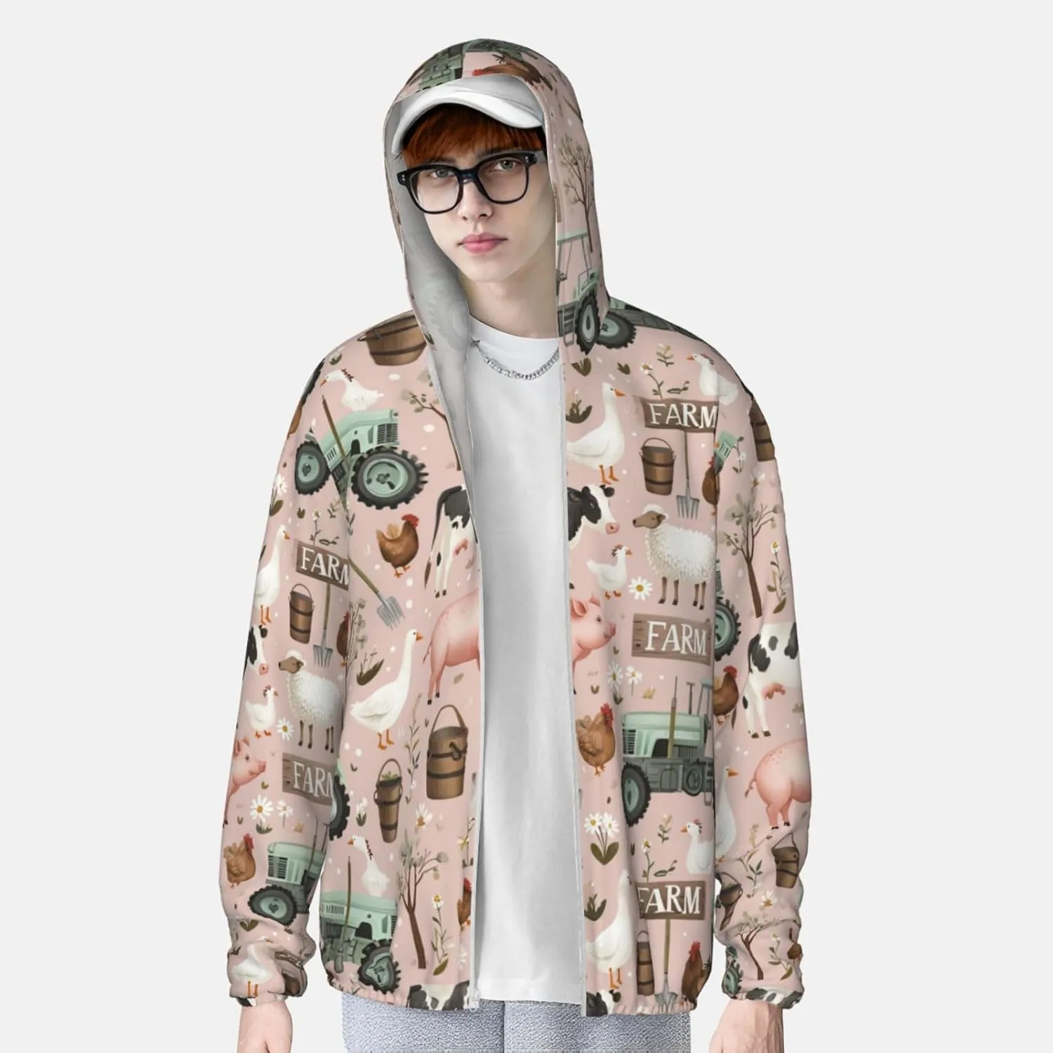 Lightweight UV Protection Sun Jacket, Farm Animals Print Sportswear Hooded Sunblock Shirt for Outdoor