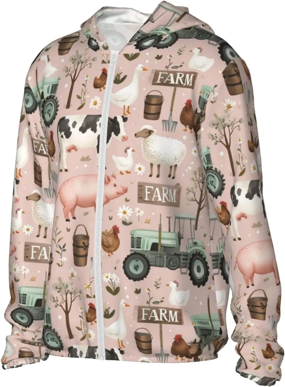 Lightweight UV Protection Sun Jacket, Farm Animals Print Sportswear Hooded Sunblock Shirt for Outdoor