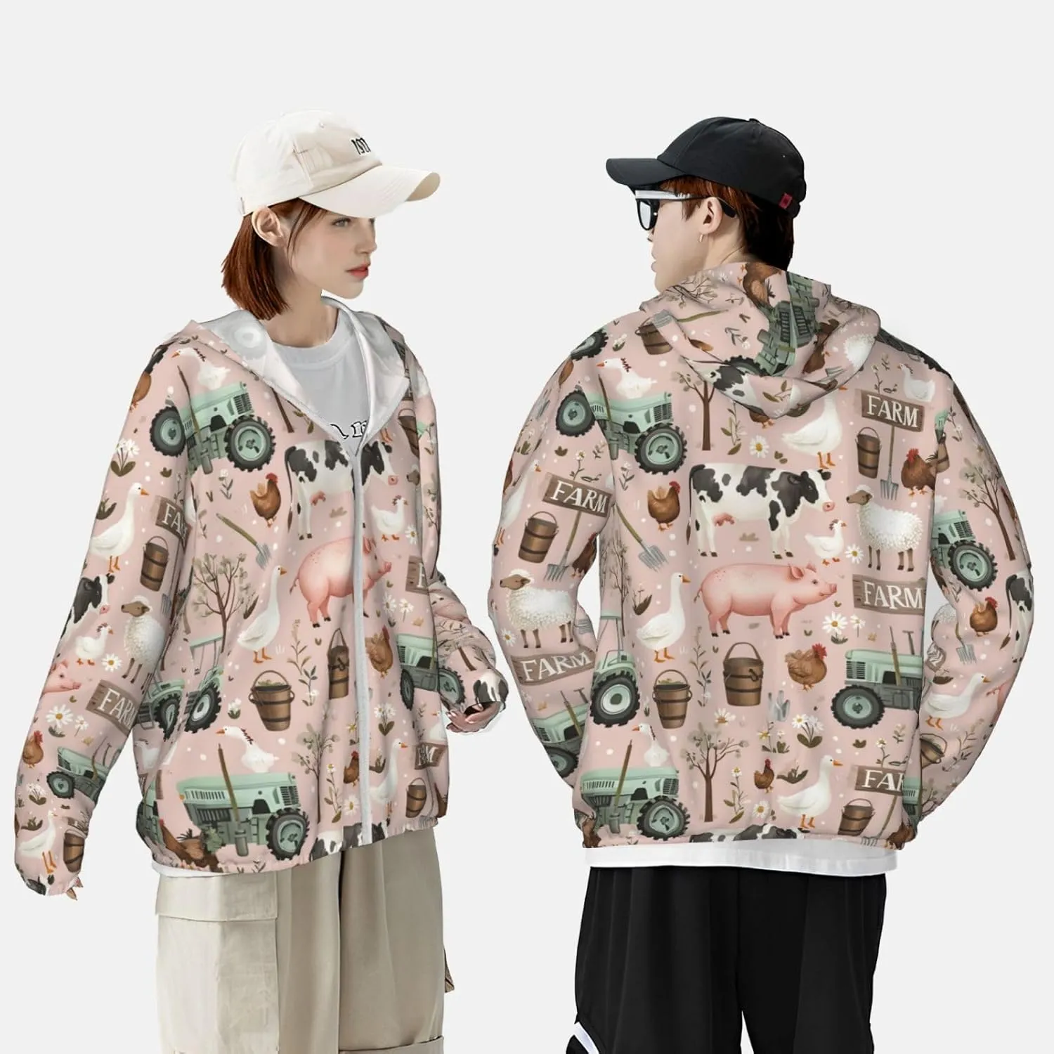 Lightweight UV Protection Sun Jacket, Farm Animals Print Sportswear Hooded Sunblock Shirt for Outdoor