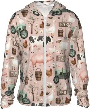Lightweight UV Protection Sun Jacket, Farm Animals Print Sportswear Hooded Sunblock Shirt for Outdoor