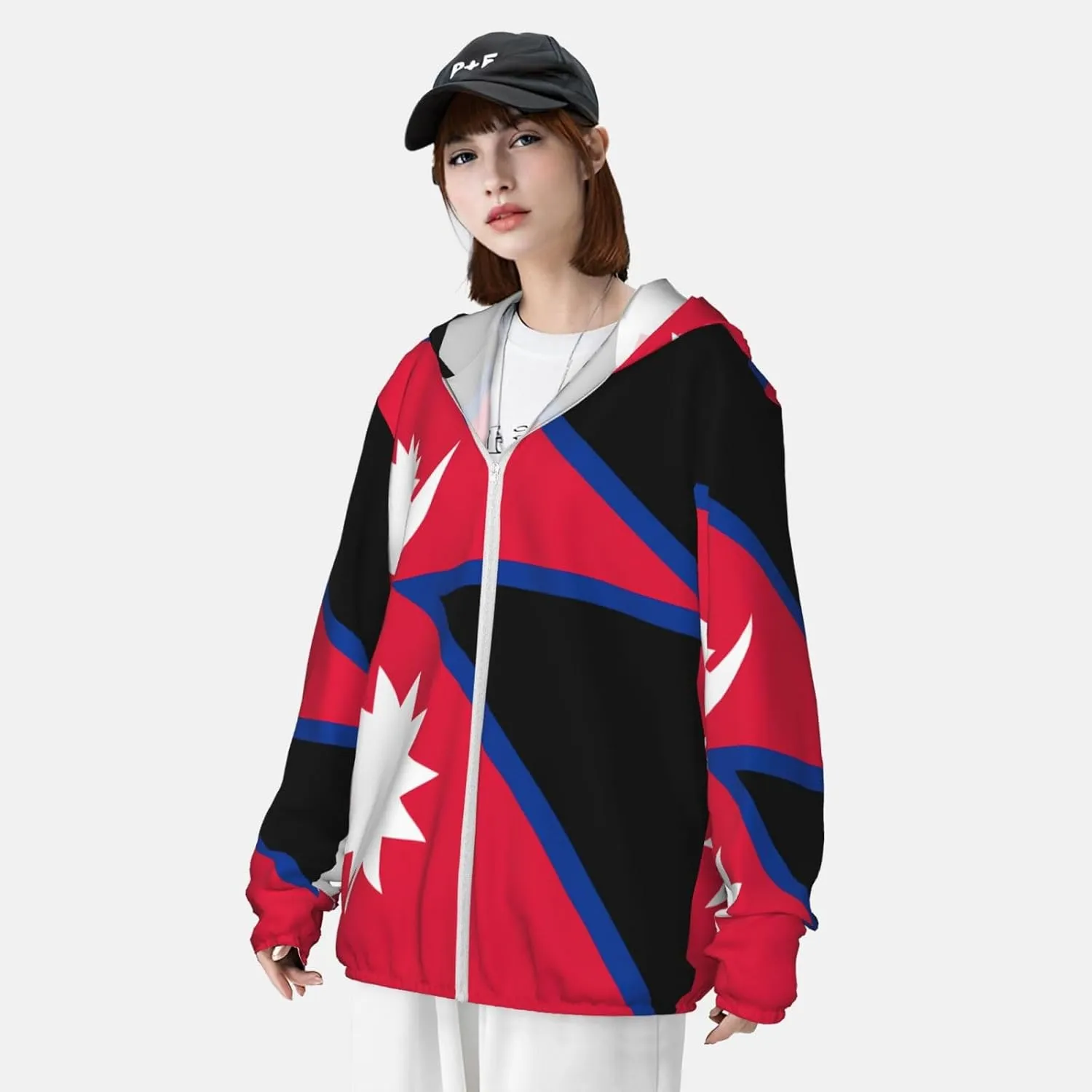 Lightweight UV Protection Sun Jacket, Flag of Nepal Print Sportswear Hooded Sunblock Shirt for Outdoor