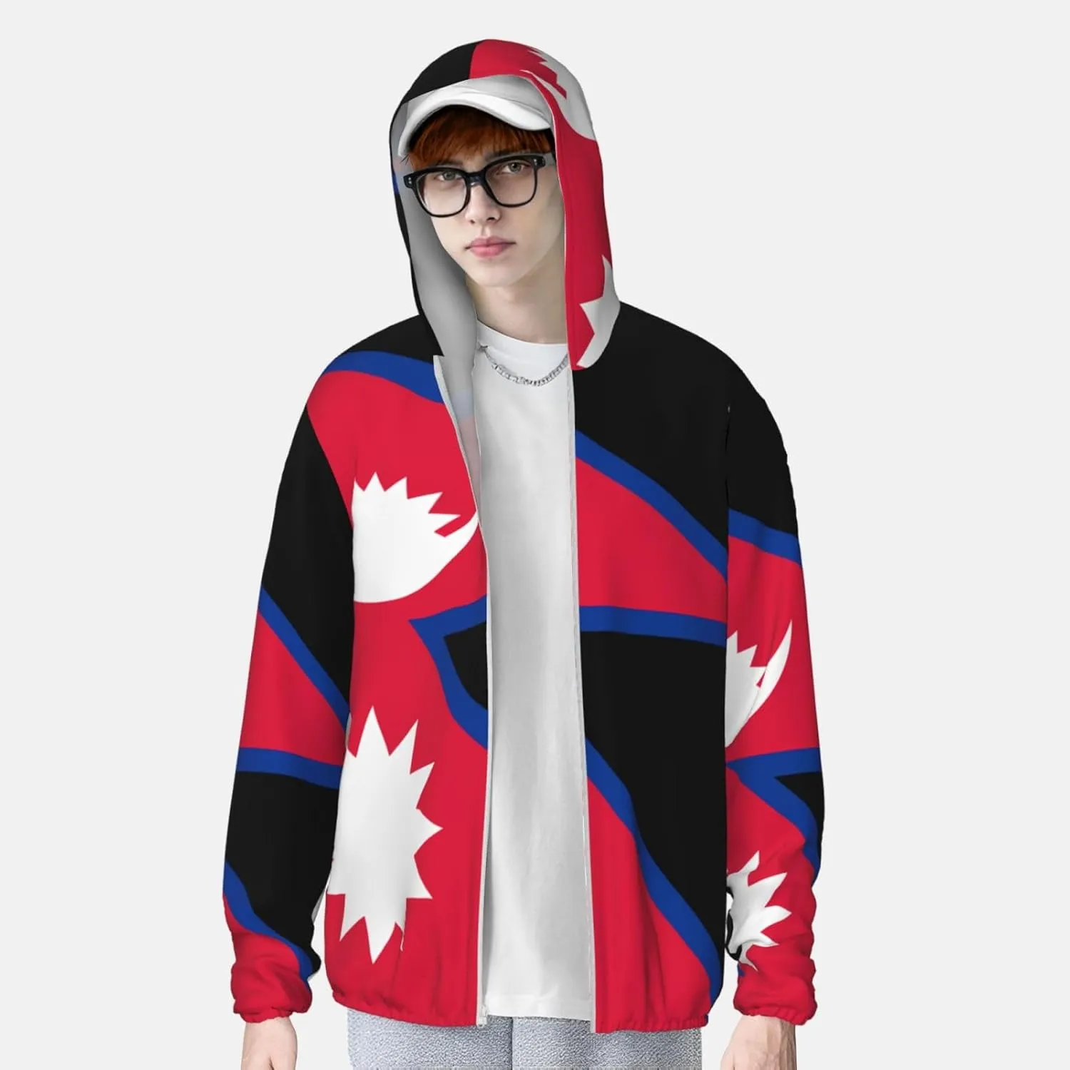 Lightweight UV Protection Sun Jacket, Flag of Nepal Print Sportswear Hooded Sunblock Shirt for Outdoor
