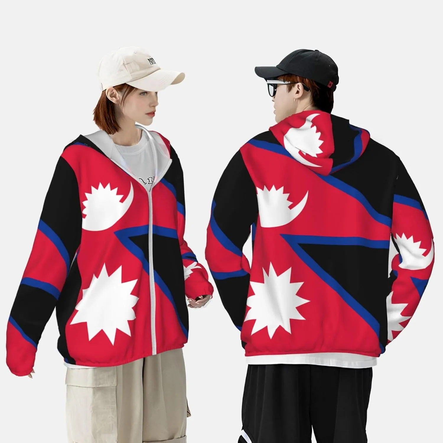 Lightweight UV Protection Sun Jacket, Flag of Nepal Print Sportswear Hooded Sunblock Shirt for Outdoor